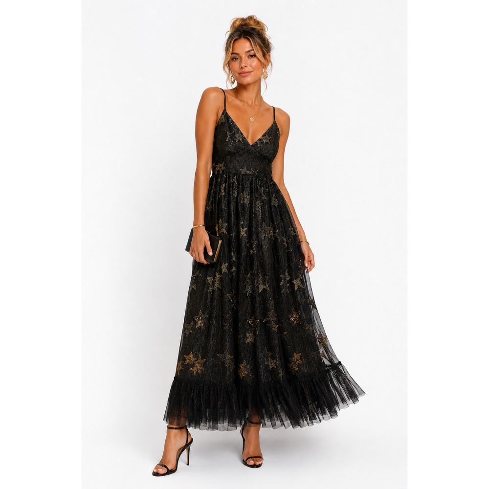 Let Me Be Star Beaded Maxi Dress 6 Black Gold Tulle Celestial Goth Whimsical
